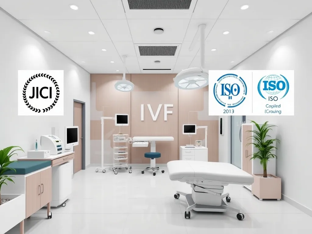 IVF clinic accredited with JCI and ISO logos, modern and high-quality facility, professional atmosphere