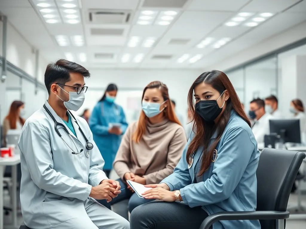 Multilingual support services in a clinic, diverse staff helping international patients, setting with translation devices