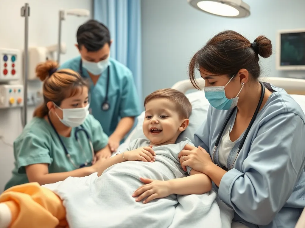 Child recovering post-surgery with family support in a comforting pediatric ward, attentive medical staff