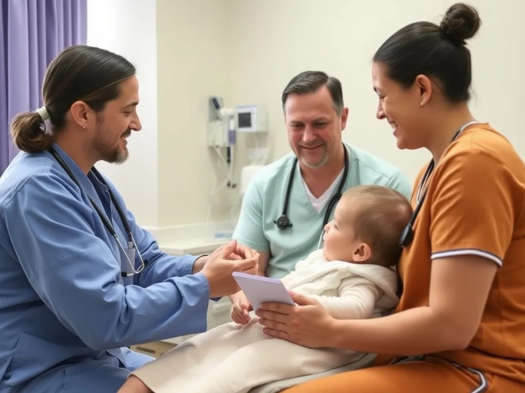 Family receiving aftercare instructions from a medical team, supportive and engaging environment