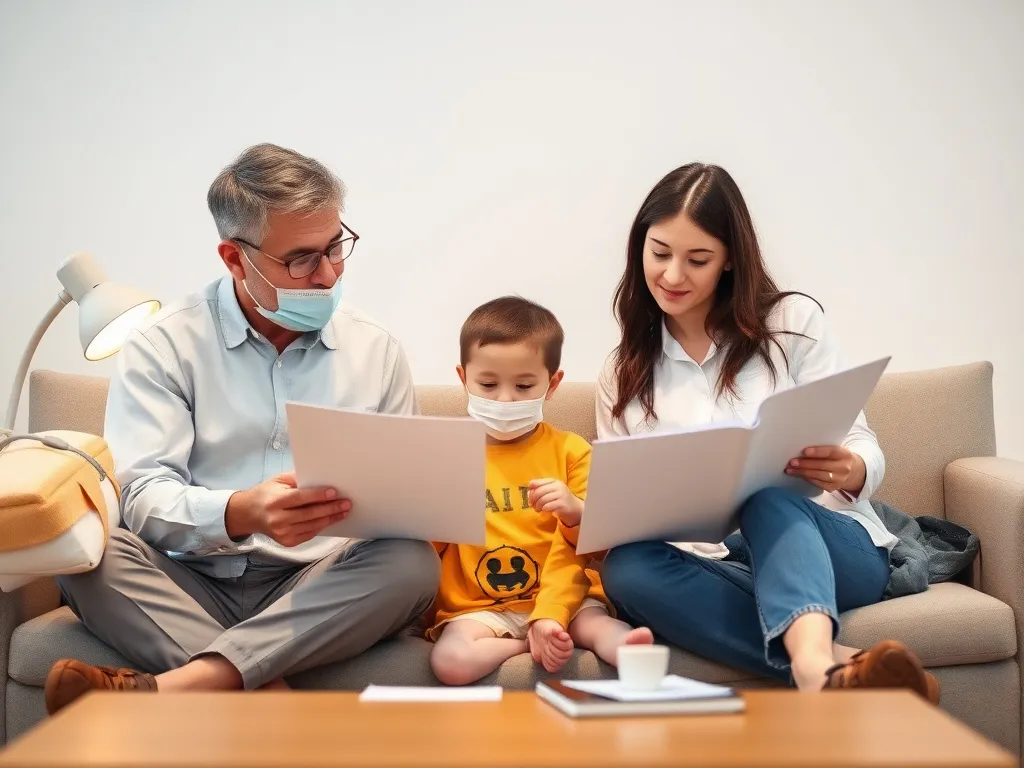 Parents planning a medical travel for their child, consulting with medical professionals using documents and digital aids