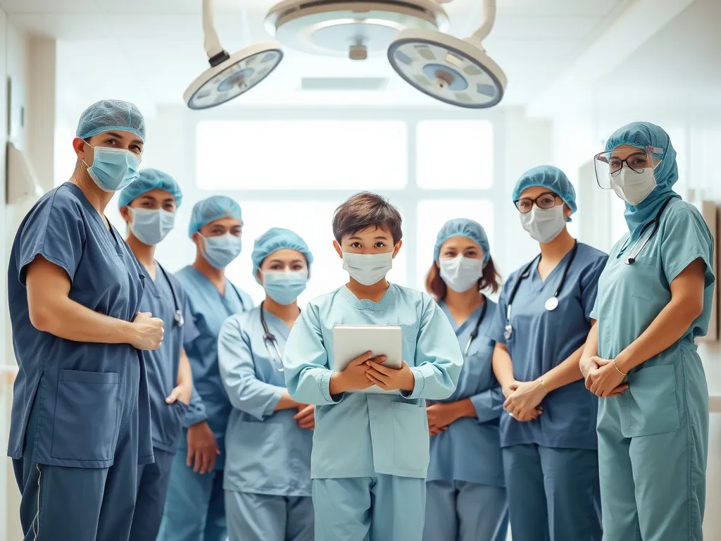 Team of specialized pediatric surgeons and nurses in a child-friendly hospital environment, emphasizing multidisciplinary care