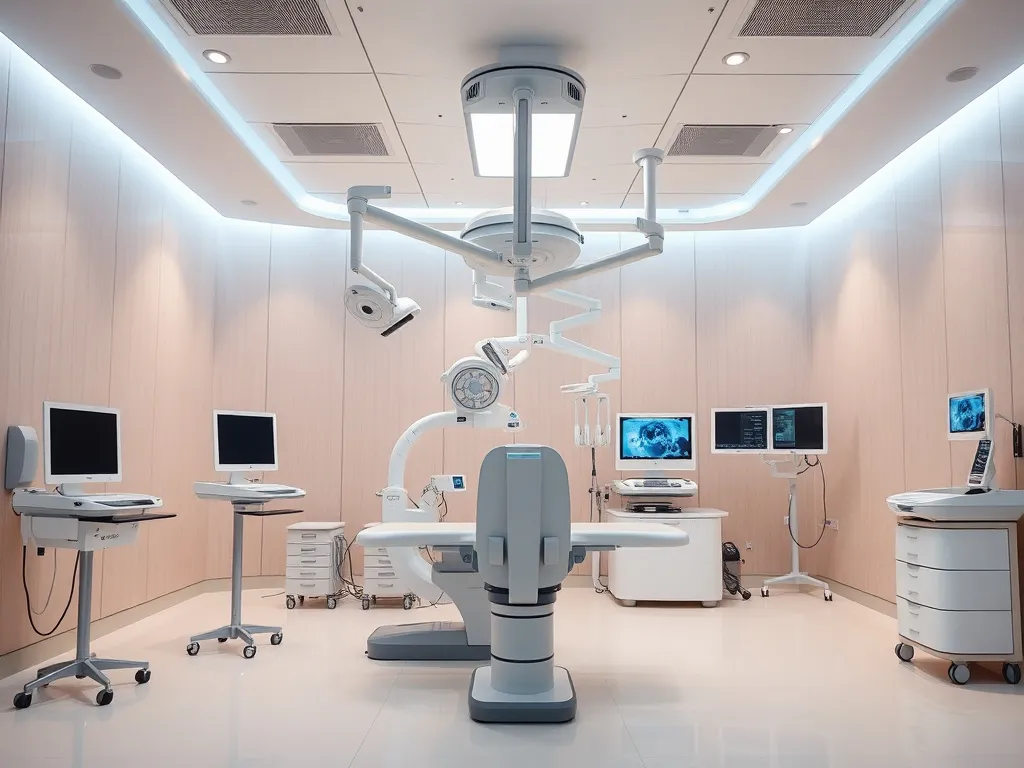 Modern hospital setting with advanced medical equipment, photorealistic, high quality, professional lighting, showing laser eye surgery facilities in Turkey