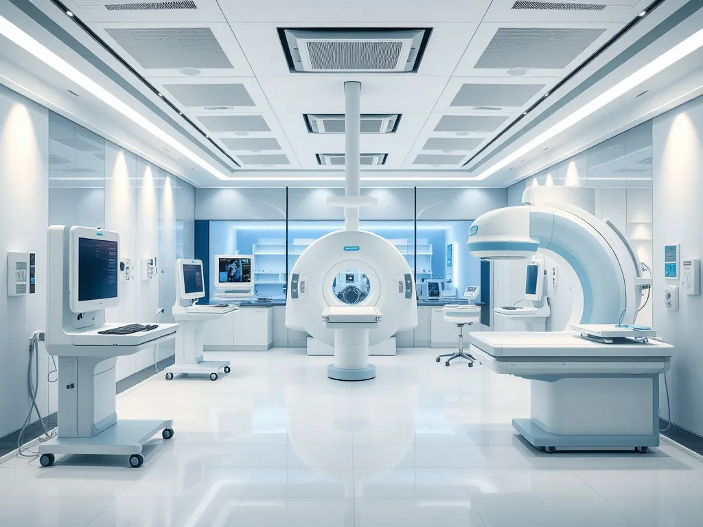 A modern hospital setting in Turkey showcasing advanced cancer treatment facilities, featuring cutting-edge technology such as medical robots and linear accelerators, photorealistic, high quality, professional lighting